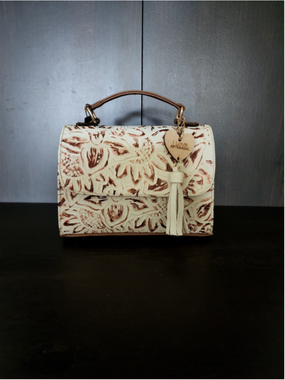 White Bronze Brown Sunflower Embossed Tooled Artisan Leather Crossbody Purse - Picture 5 of 16